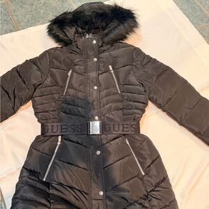 GUESS Women's Black Puffer Jacket with Fur Trim